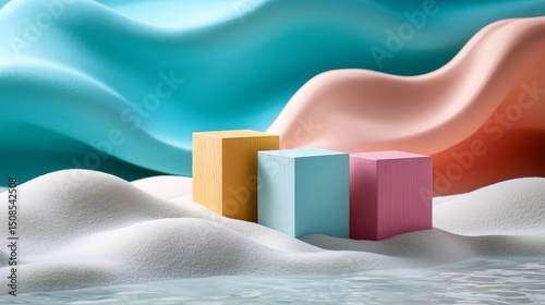 Colorful Wooden Blocks on Soft Waves and Water Background
