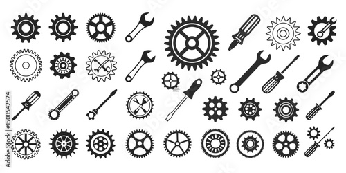 Technical service icons set. Wrench, screwdriver, and gear icon. Vector illustration isolated on a transparent background
