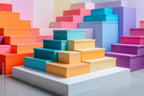 Colorful Pyramid Structure of Painted Wooden Blocks in Primary Colors