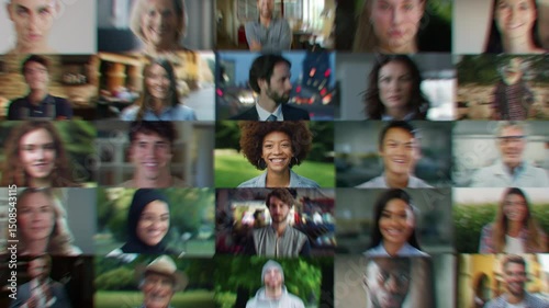 Portrait Collage with Visual Effect Zoom Out. Authentic People of Diverse Background, Gender, Ethnicity, Occupation. Men and Women Looking at Camera. Video Starts with Black African Female Lead