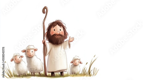 Cartoon Illustration of Jesus, The Good Shepherd