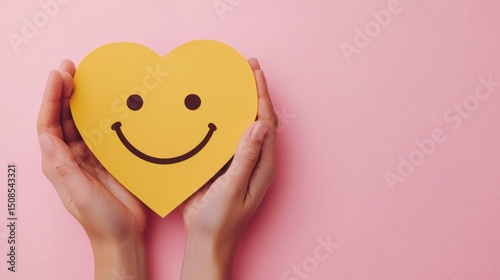 paper cut smiley face in hands make heart symbol for protection around on pink background. positive thinking, mental health, assessment, world mental health day concept