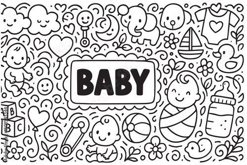 Vector background includes baby items with black outlines on white, creating a minimalist and adorable design for infant themed digital content.
