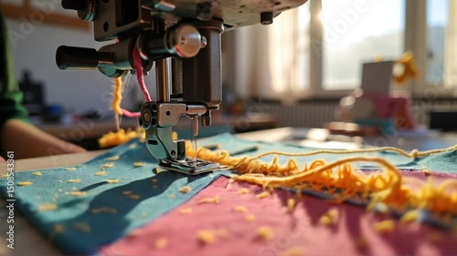 Sewing Machine Working on Colorful Fabric Detail Shot