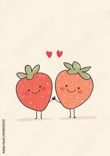 Cute cartoon strawberries holding hands with smiling faces, surrounded by hearts, showcasing love and friendship in a playful and whimsical illustration style