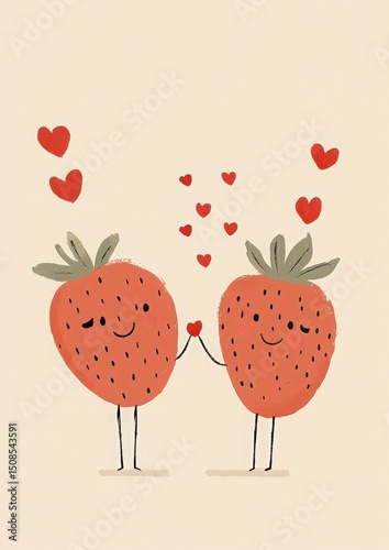 Cute cartoon strawberries holding hands with hearts floating above, representing love and friendship in a playful, whimsical illustration with a soft pastel background