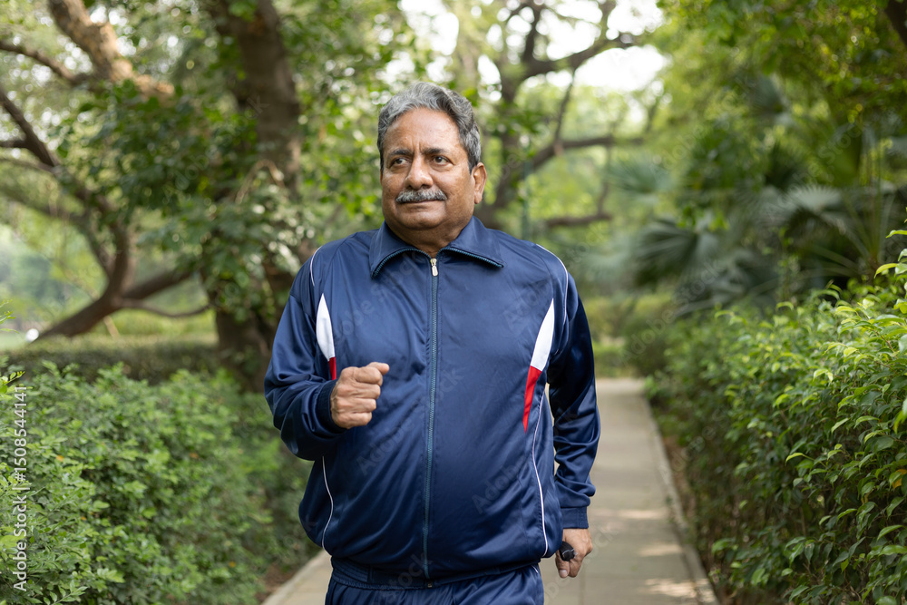 Indian active senior man is jogging or walking at park Indian active senior man is jogging or walking at park