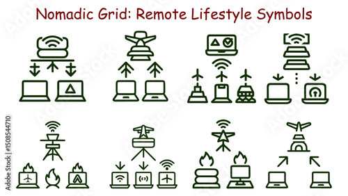 Remote Work and Travel Icon Set – Minimal Line Style Nomad Lifestyle Symbols in Black and White Vector