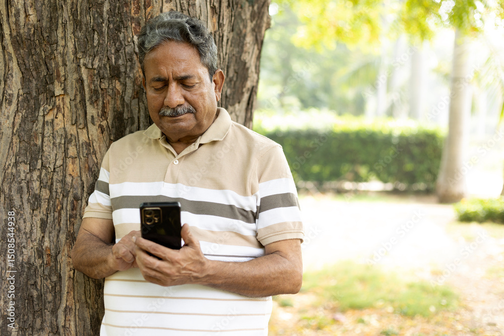 Fototapeta premium Indian Active happy senior man using and text messaging on mobile while standing at park. Wearing red sweet sweater and eyewear sun glasses. Indian Senior man using digital technology at outdoors