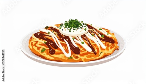Pixel Art Okonomiyaki Dish On White Plate