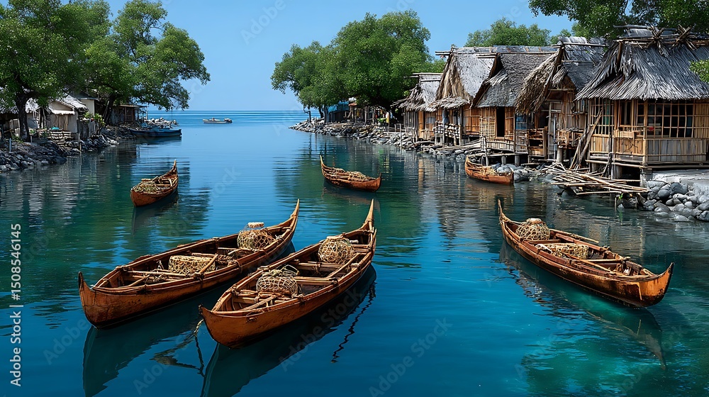 Obraz premium Tranquil river with bamboo boats and clear blue water high resolution photo
