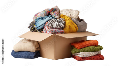 Cardboard box overflowing with warm clothing items like sweaters and scarves, representing donation, storage, or moving concepts, isolated on a transparent background