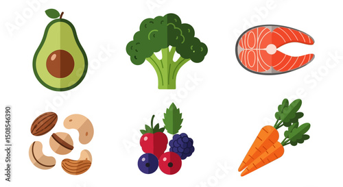 Vector set of fresh organic foods avocado, broccoli, salmon, nuts, berries, and carrots