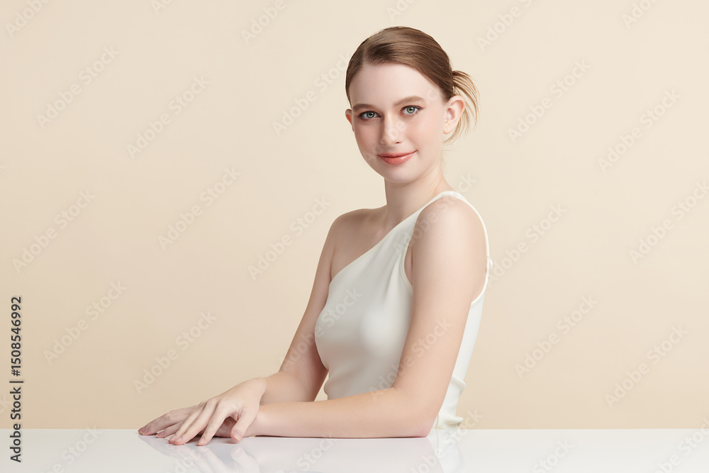 A beautiful young woman with clean, fresh skin against a beige background. Skincare, facial treatment, cosmetology, beauty, and spa. An elegant portrait of an woman. A beautiful young woman with clean, fresh skin against a beige background. Skincare, facial treatment, cosmetology, beauty, and spa. An elegant portrait of an woman.