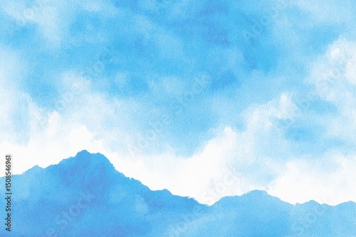 Watercolor Mountain Landscape With Soft Blue Sky