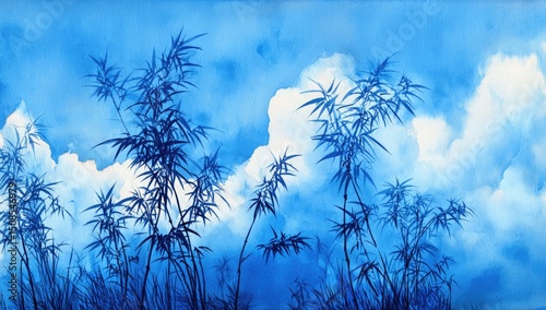 Blue Sky Bamboo Watercolor Painting