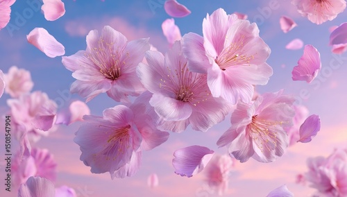 Pink Cherry Blossoms Falling In Pastel Sky