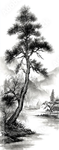 Black And White Landscape Painting With Tall Tree And Village