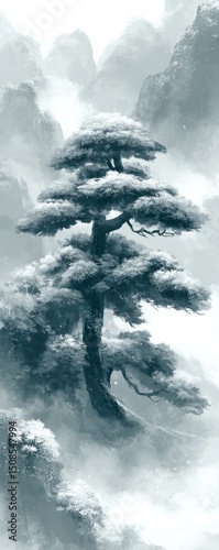 Snowy Pine Tree In Misty Mountains