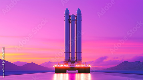Space rocket launch vehicle at sunset with vibrant sky in desert landscape