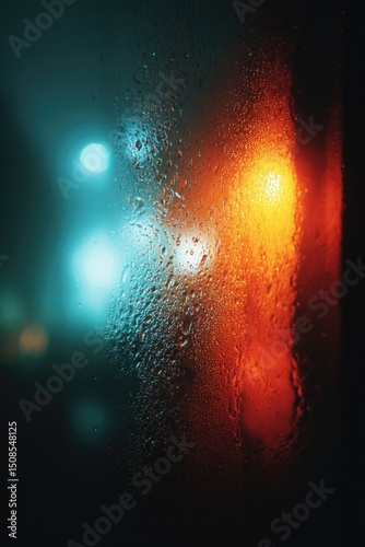 Colorful Night City Lights Through Wet Window
