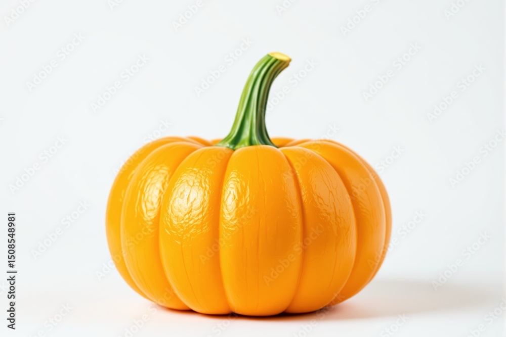 Obraz premium Bright orange pumpkin with a green stem on a light background.