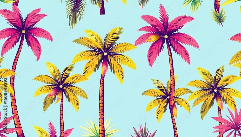 Obraz premium Vibrant hand-drawn palm tree tropical pattern, Hawaiian summer vibe, tropical, interior decor