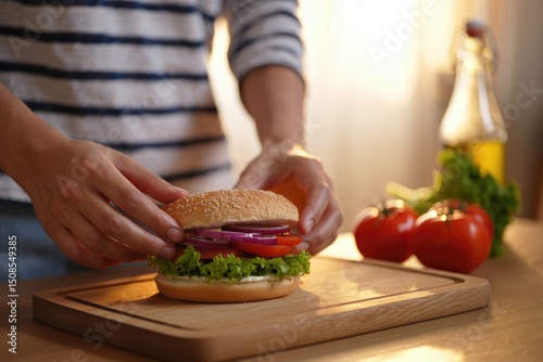 A person's hands assemble a delicious burger with fresh ingredients on a wooden board.