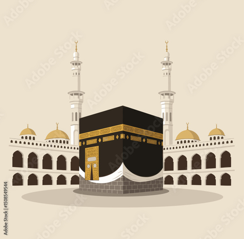 A minimalist illustration of the Kaaba in Mecca, surrounded by a beautiful blue sky, symbolizing the heart of the Islamic world and the pilgrimage.