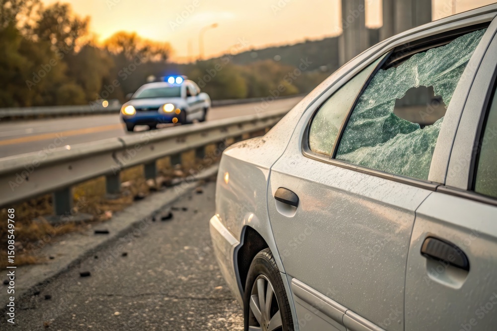 Fototapeta premium A white car shows a broken window after a road accident with a police car nearby.