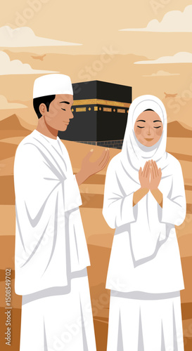 A digital illustration of a Muslim man and woman in pilgrimage attire, standing in front of the Kaaba in Mecca. They are seen making du'a (prayers) with the Kaaba in the background under a clear blue 