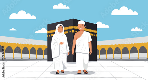 A digital illustration of a Muslim man and woman in pilgrimage attire, standing in front of the Kaaba in Mecca. They are seen making du'a (prayers) with the Kaaba in the background under a clear blue 
