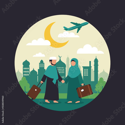 A digital illustration of a Muslim man and woman in pilgrimage attire, standing in front of the Kaaba in Mecca. They are seen making du'a (prayers) with the Kaaba in the background under a clear blue 