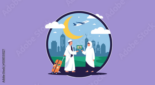 A digital illustration of a Muslim man and woman in pilgrimage attire, standing in front of the Kaaba in Mecca. They are seen making du'a (prayers) with the Kaaba in the background under a clear blue 