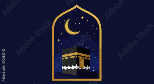 A minimalist illustration of the Kaaba in Mecca, surrounded by a beautiful blue sky, symbolizing the heart of the Islamic world and the pilgrimage.