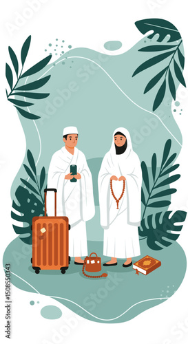 A digital illustration of a Muslim man and woman in pilgrimage attire, standing in front of the Kaaba in Mecca. They are seen making du'a (prayers) with the Kaaba in the background under a clear blue 