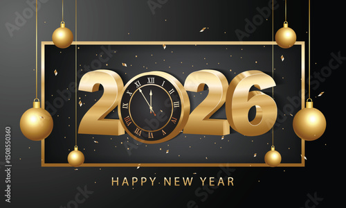 Happy new year 2026. 3d gold numbers with golden Christmas decoration and confetti on dark  background. Holiday greeting card design.