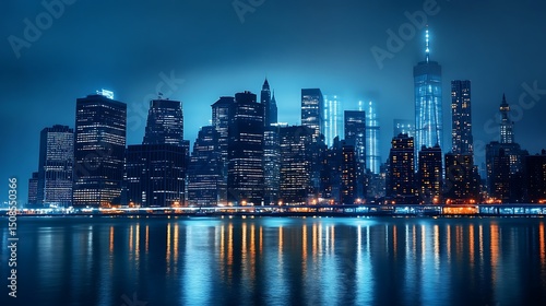Night view of the illuminated New York City skyline reflected in the water.