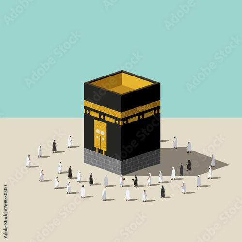 A minimalist illustration of the Kaaba in Mecca, surrounded by a beautiful blue sky, symbolizing the heart of the Islamic world and the pilgrimage.