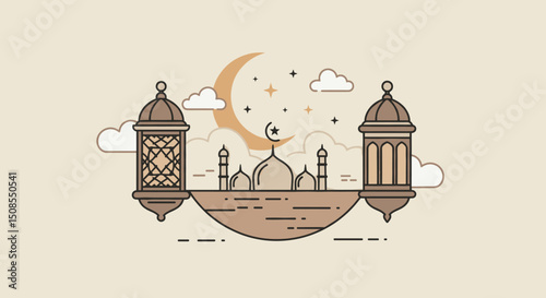 A mystical illustration of a crescent moon and stars shining over a mosque, decorated with colorful lanterns, representing a peaceful night during Ramadan.