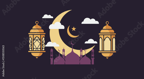 A cute, illustrated image of a crescent moon with a smiling face, surrounded by clouds, with a mosque structure in the middle.