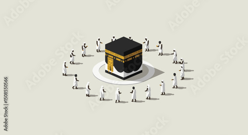 A minimalist illustration of the Kaaba in Mecca, surrounded by a beautiful blue sky, symbolizing the heart of the Islamic world and the pilgrimage.