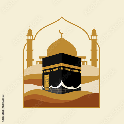 A minimalist illustration of the Kaaba in Mecca, surrounded by a beautiful blue sky, symbolizing the heart of the Islamic world and the pilgrimage.