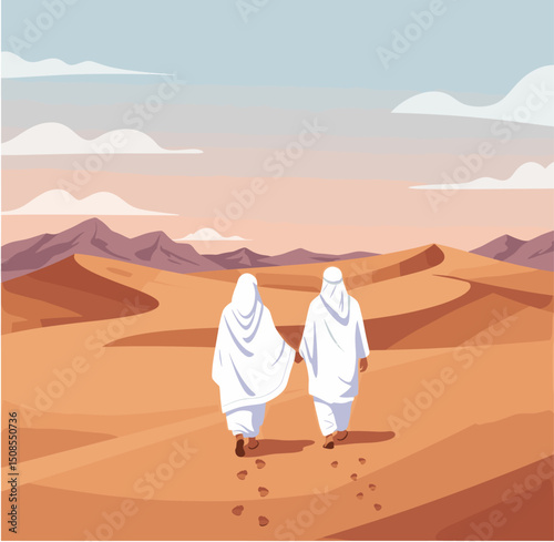 A digital illustration of a Muslim man and woman in pilgrimage attire, standing in front of the Kaaba in Mecca. They are seen making du'a (prayers) with the Kaaba in the background under a clear blue 