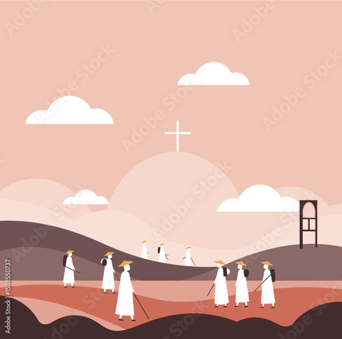  A serene landscape depicting a peaceful journey, with individuals walking across rolling hills under a soft pink sky