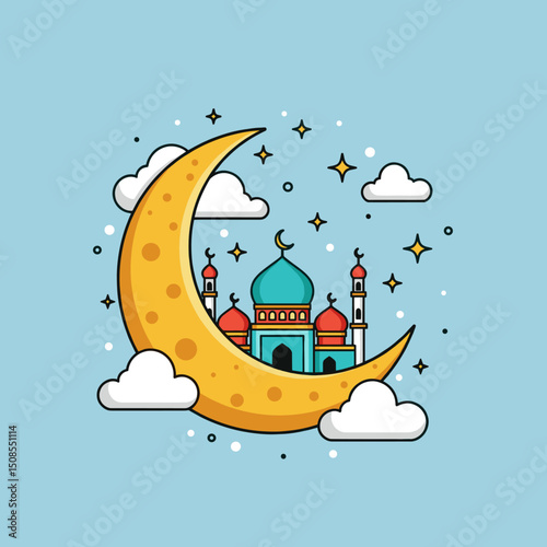 A mystical illustration of a crescent moon and stars shining over a mosque, decorated with colorful lanterns, representing a peaceful night during Ramadan.