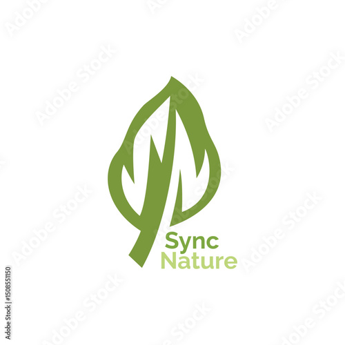 Letter S and N negative space on natural leaf vector design. Green color with bold simple outline logo. Organic and ecology graphic concept.