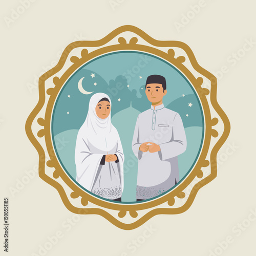 A digital illustration of a Muslim man and woman in pilgrimage attire, standing in front of the Kaaba in Mecca. They are seen making du'a (prayers) with the Kaaba in the background under a clear blue 