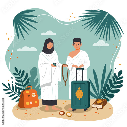 A digital illustration of a Muslim man and woman in pilgrimage attire, standing in front of the Kaaba in Mecca. They are seen making du'a (prayers) with the Kaaba in the background under a clear blue 