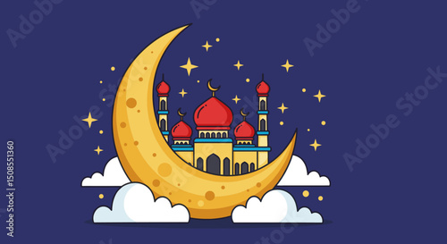 A cute, illustrated image of a crescent moon with a smiling face, surrounded by clouds, with a mosque structure in the middle.